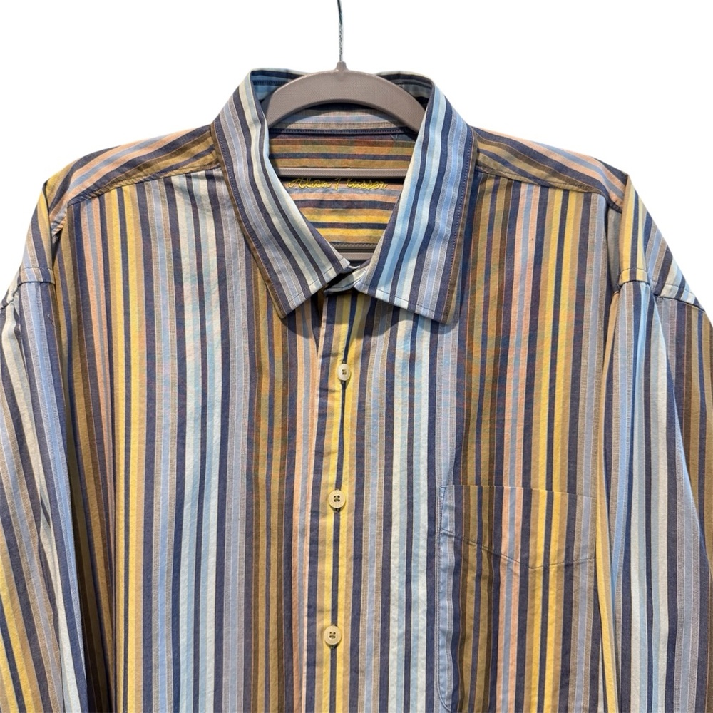Alan Flusser‎ Button Up Long Sleeve Shirt Blue Yellow Grey Stripe Size XL